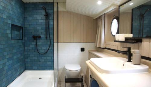 ein Badezimmer mit Waschbecken, Toilette und Dusche in der Unterkunft 8 Personen Hausboot mit Hot Tub, Sauna, Kaminofen, Klimaanlage, Lounge, Sonnendeck und Garten mit Buddelschiff direkt hinterm Deich in Otterndorf in Otterndorf