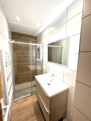 une salle de bain avec un lavabo et une douche dans l'établissement Appartement spacieux à Saint-Sorlin-d'Arves 87 m² vue montagne, à Saint-Sorlin-dʼArves