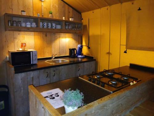 a small kitchen with a stove and a sink at Vakantiepark Klein Strand - Glamping 6p in Jabbeke