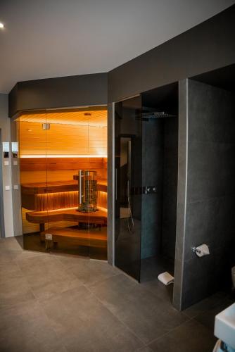 バート・クロイツナハにあるParkhotel Kurhausのガラスの壁のバスルーム(シャワー付)