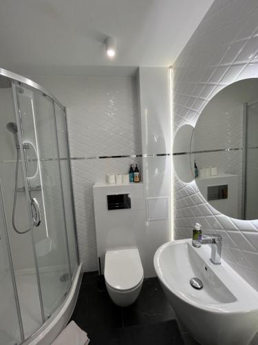 a bathroom with a sink and a toilet and a shower at Apartament Rodzinny - Classic Olszowa in Włocławek