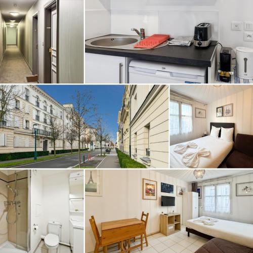 un collage de photos d'un appartement dans l'établissement Scandinaves 21 - Studio pour 4 à Disneyland Paris, à Serris