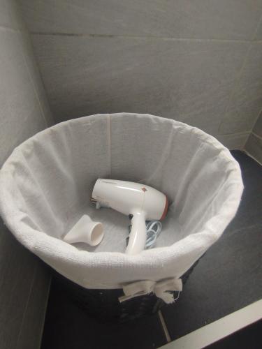 a hairdryer in a white bowl in a bathroom at Bragada Stonehouse in São Roque do Pico