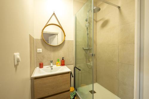 une salle de bain avec une douche, un lavabo et un miroir dans l'établissement Sable et savane Proche de la plage, à Dunkerque