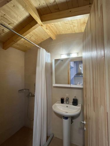 a bathroom with a sink and a shower curtain at Nick House Nikiana in Nikiana