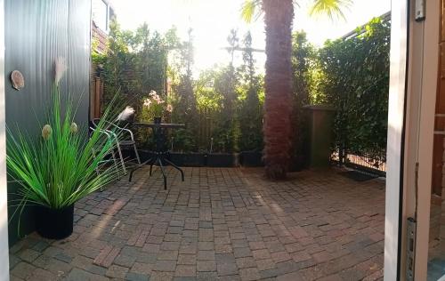 a patio with a table and a palm tree at Studio Waterland in Ooltgensplaat