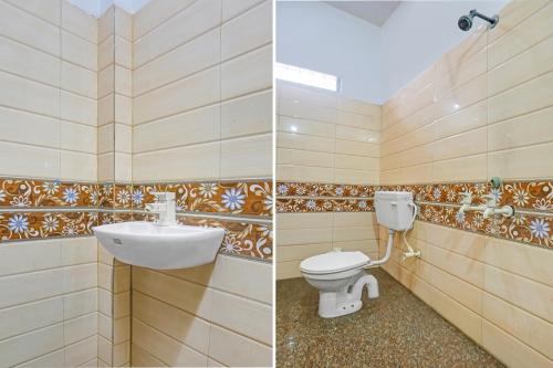 two pictures of a bathroom with a toilet and a sink at FabExpress Yadhuvanshi Dhaam- 900m from Prem Mandir and Iskcon Temple in Vrindāvan