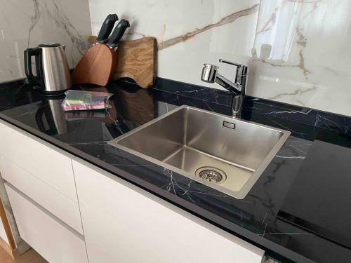 a kitchen with a sink and a counter top at Maison Eglantine in Mezzana