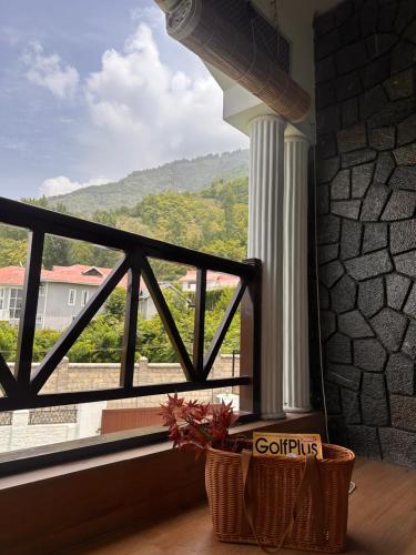 a window with a view of a mountain at Silver Woods- A Boutique Cottage in Srinagar