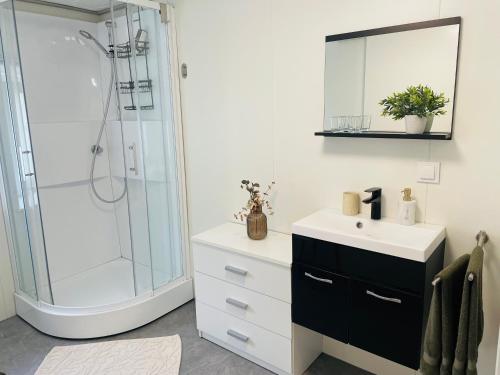 a bathroom with a white sink and a shower at Haus Erna Weitra in Weitra