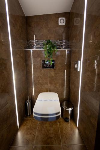 a bathroom with a toilet with a plant on the wall at Royal Apartments Hotel Kecskemét in Kecskemét