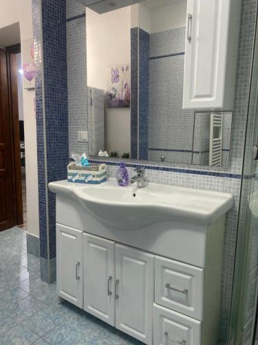 a bathroom with a white sink and a mirror at Due passi dal mare in Livorno