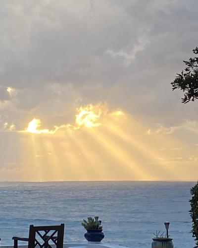 a bench sitting in front of the ocean with the sun shining at Villa les Palmiers in Calcatoggio