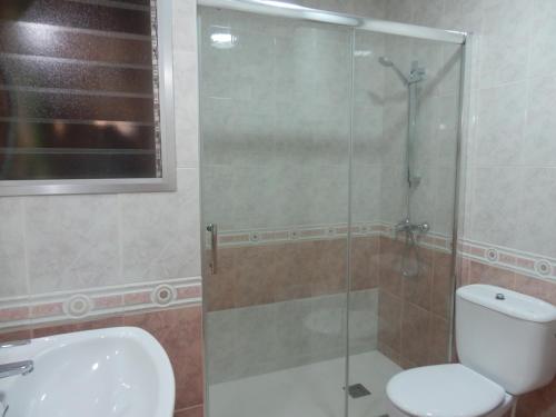 a bathroom with a shower and a toilet and a sink at Apartamento funcional y acogedor in L'Ametlla de Mar