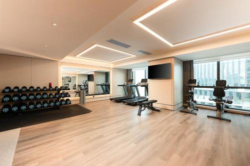 a gym with treadmills and weights in a room with windows at Holiday Inn Changchun High Tech Zone by IHG in Changchun