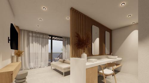 Linea Verde Villa Exclusive by Sealand Villas في تسيليفي: غرفة معيشة مع مكتب وكرسي