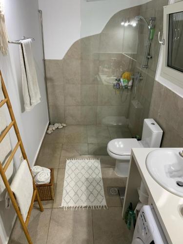 a bathroom with a shower and a toilet and a sink at Villa Surf Ponti in Póndi