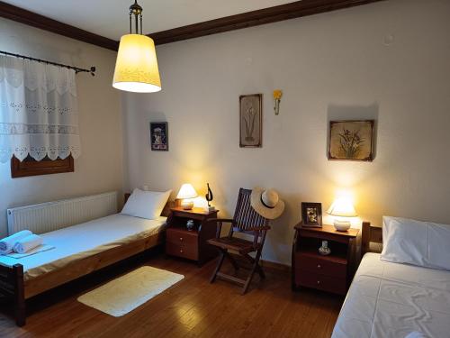 ein Schlafzimmer mit zwei Betten und einem Schreibtisch und einem Stuhl in der Unterkunft Villa Lechonia in Káto Lekhónia