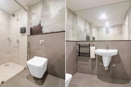 two pictures of a bathroom with a sink and a toilet at Super Hotel O THE FERN SUITES in Hyderabad