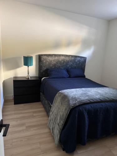 a bedroom with a bed with a blue blanket and a lamp at Delux 2 bedroom suite in White Rock