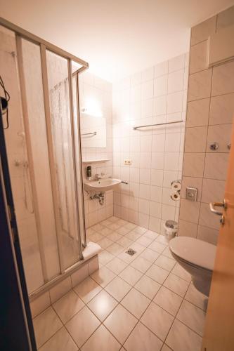 a bathroom with a shower and a sink at Hotel Sonnenhof - Tante ALMA`s Sommerfrische in Sonnen