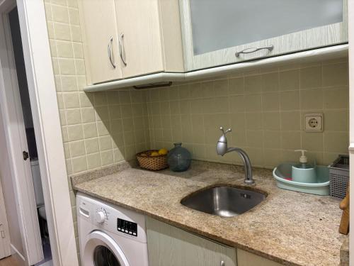 a kitchen with a sink and a washing machine at La Cámara del Ayuntamiento de Oviedo in Oviedo