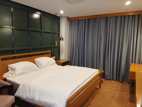 a bedroom with a large bed with a green wall at Grande apartments 205,206 in Rawalpindi