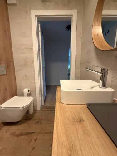 un baño con lavabo e inodoro en Apartament Kostrzyńska 59 m2, en Gorzów Wielkopolski