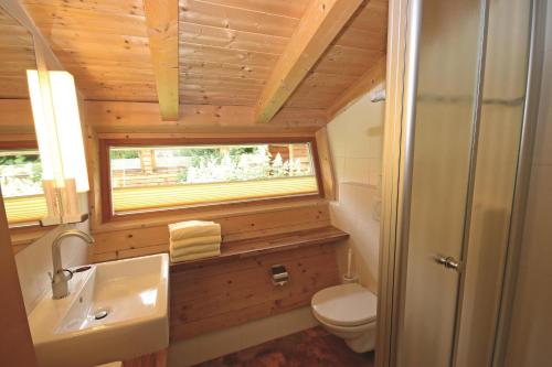 a bathroom with a toilet and a sink and a window at Alpin Chalet Flachau in Flachau