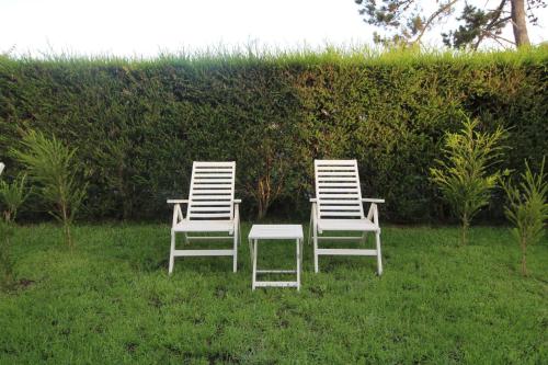 two chairs and a table in the grass at Quinta do Canal in Vila Nova de Milfontes
