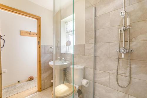 a bathroom with a shower and a toilet and a sink at 1 Bed in Great Sampford oc-f32653 in Great Sampford