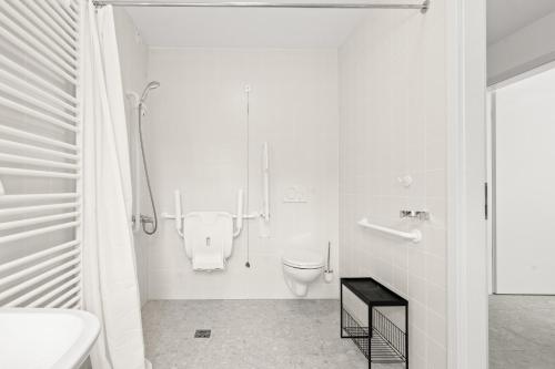 a white bathroom with a toilet and a sink at Gîte Lasauvage 83 in Differdange