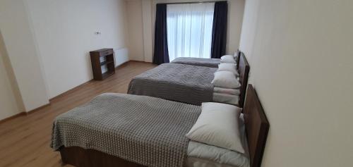 a room with three beds and a window at Elnetsa Inn Kazbegi in Stepantsminda
