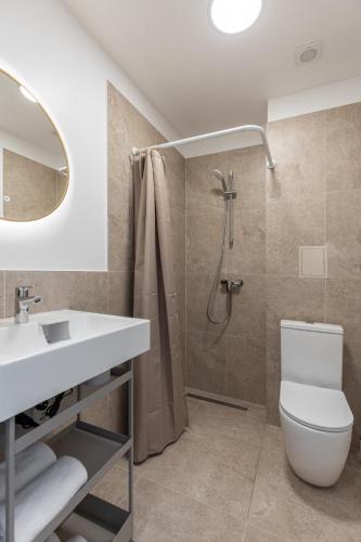 a bathroom with a shower and a toilet and a sink at P6-A Riga Old Town Apartments in Rīga