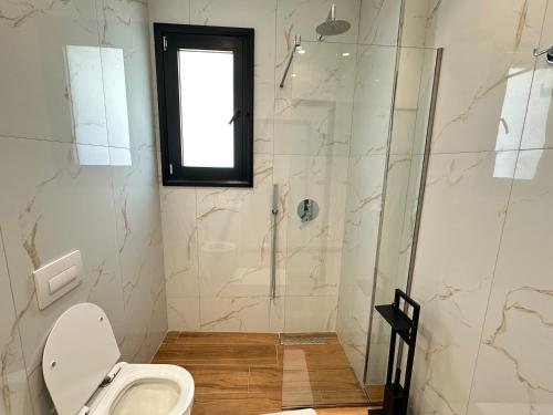 a bathroom with a shower and a toilet at LiEl Holiday in Vlorë