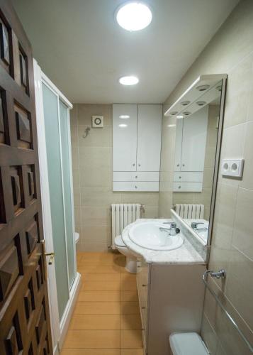 a bathroom with a sink and a toilet and a mirror at Casa Saura Y in Benasque