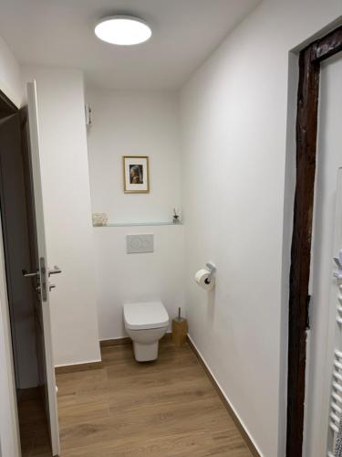 a white bathroom with a toilet in a room at Ferienwohnung Wülfrath in Wülfrath