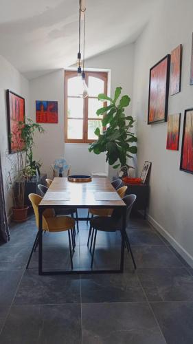 une table à manger avec des chaises et une plante en pot dans l'établissement St ybars chez Annick et Alain, à Saint-Ybars