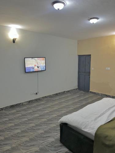 a bedroom with a bed and a tv on the wall at STJ Luxury Hotels in Ilorin