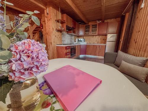 a kitchen with a table with a pink book on it at APARTMA-SPA NATURA in Sveti Jurij ob Ščavnici