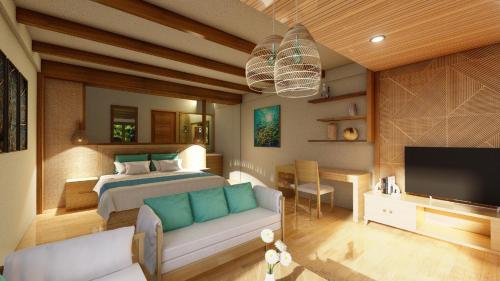 a bedroom with a bed and a couch and a tv at Island Luxury Retreat - Maalhos in Maalhos