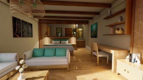 a bedroom with a bed and a couch and a desk at Island Luxury Retreat - Maalhos in Maalhos