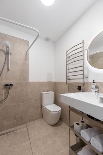 a bathroom with a toilet and a sink and a mirror at P6-A Riga Old Town Apartments in Rīga