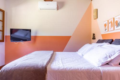 a bedroom with a bed with a tv on the wall at Pousada Bela Aurora in Venda Nova do Imigrante