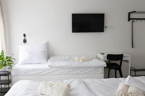two beds in a room with a tv on the wall at Hotel Sport Houštka 