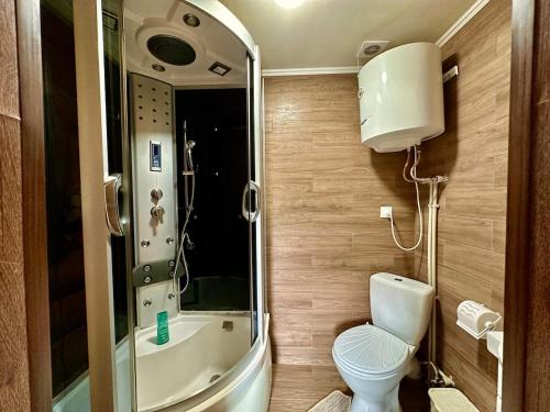 a small bathroom with a toilet and a sink at Dimira Котедж з басейном in Slavske