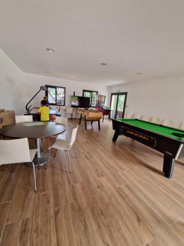 a living room with a pool table and chairs at Mobil home en Provence - Camping 4 étoiles- 2 chambres -4 à 6 pers-clim-terrasse-TV in Cadenet