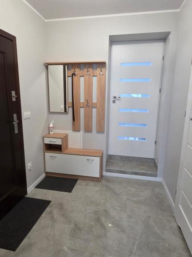 a bathroom with a sink and a mirror and a door at Bike Center 2 Apartament in Świdnica