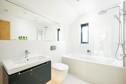 Somerford KeynesにあるInfinity Lodge ML05 Lower Mill The Cotswoldsの洗面台、浴槽、トイレを備えたバスルーム