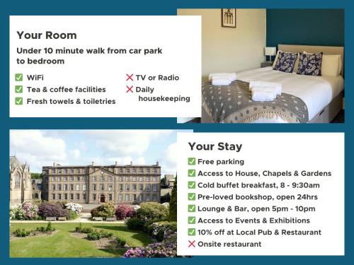 a flyer for a hotel room with a bed and a building at Ushaw Historic House, Chapels & Gardens in Durham